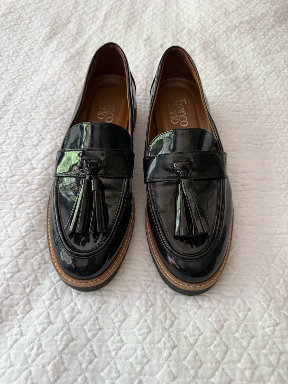 Franco Sarto Black Patent Tassel Penny Loafers